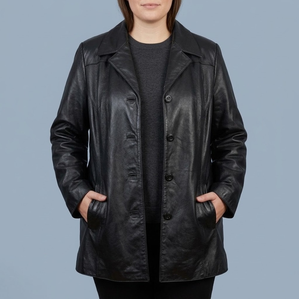 Wilsons Leather Womens Plus 1X Black Genuine Leather Car Coat Jacket EUC